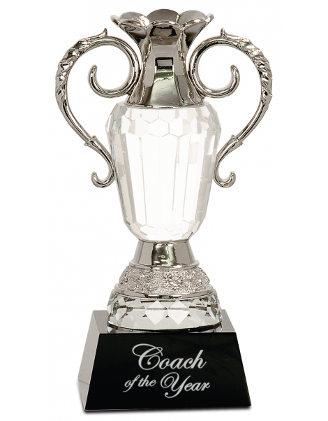 8" Crystal Cup with Silver Metal Handles on Black Pedestal Base