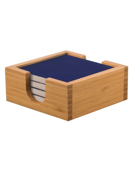 Set of 4 Blue Ceramic Laser Engraved Coasters with Bamboo Holder