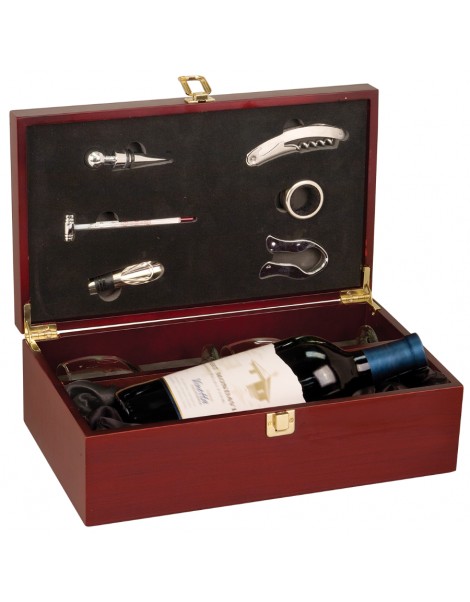Rosewood Finish Single Wine Box with Tools and Wine Glasses