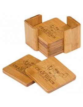 Set of 6 Square Bamboo Coasters with Holder