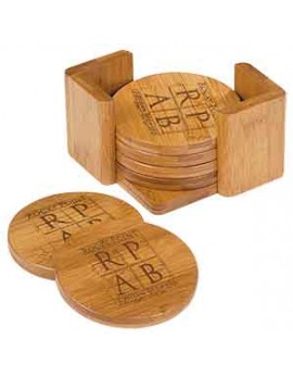 Set of 6 Round Bamboo Coasters with Holder