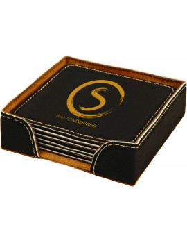 Set of 6 Black Square Laser Engraved Leatherette Coasters with Holder