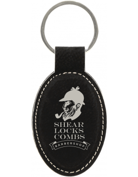 Black/Silver Laserable Leatherette Oval Keychain
