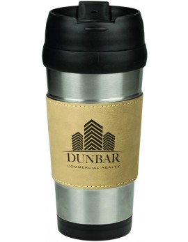 16 oz. Light Brown Laserable Leatherette Stainless Steel Travel Mug