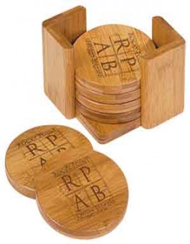 Set of 6 Round Bamboo Coasters with Holder