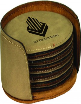 Set of 6 Light Brown Round Laser Engraved Leatherette Coasters with Holder