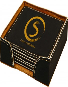 Set of 6 Black Square Laser Engraved Leatherette Coasters with Holder