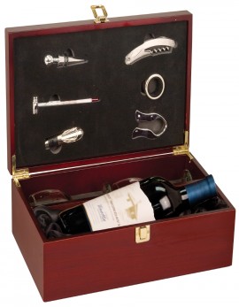 Rosewood Finish Single Wine Box with Tools and Wine Glasses